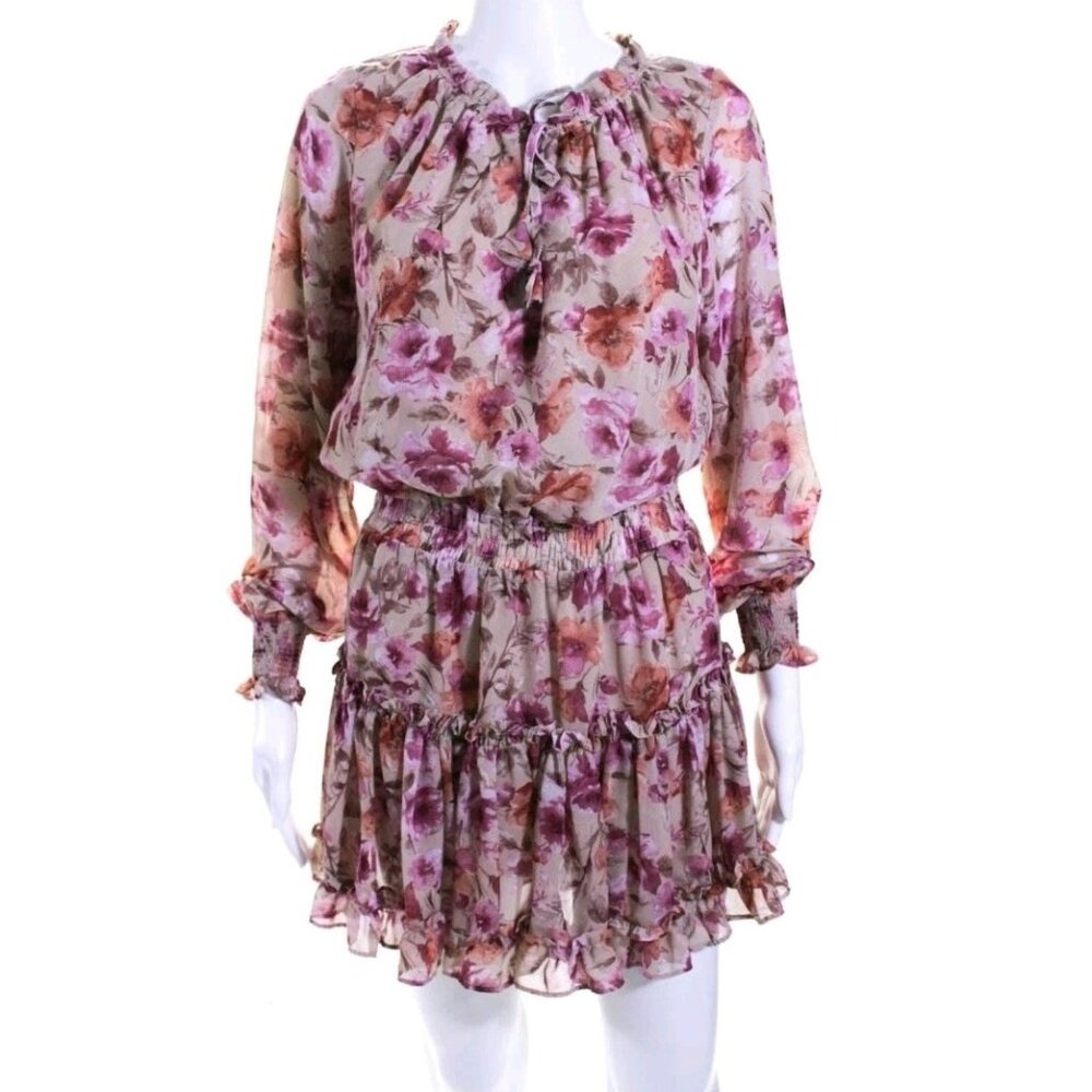 Sky To Moon  Floral Mini Dress Size Medium Sheer Sleeves Smocked Waist